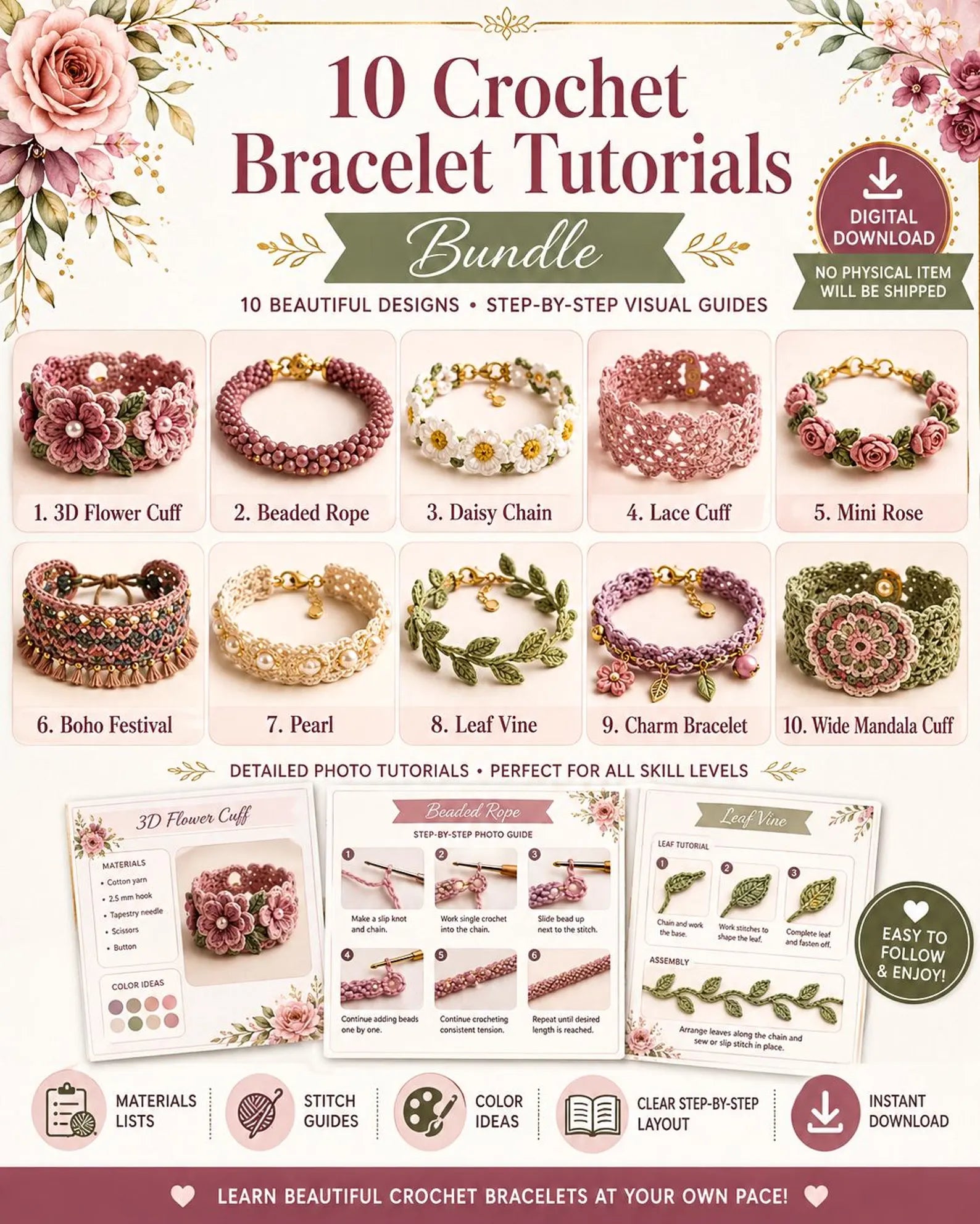Häkel-Armband PDF Bundle – 10 DIY Schmuck Anleitungen zum Sofort-Download