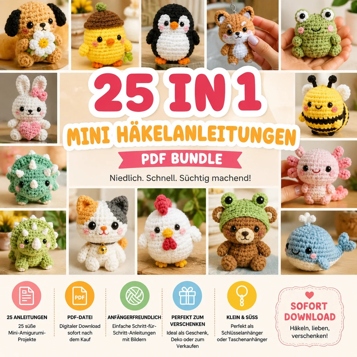 25 Mini Amigurumi Häkelanleitungen – PDF Bundle für Schlüsselanhänger & kleine Geschenke