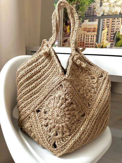 Jute Granny Square Tasche Häkelanleitung – PDF Download